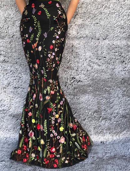Vestidos de fiesta de sirena/trompeta, vestido floral para invitados de boda, fiesta de bodas, largo hasta el suelo, sin mangas, tirantes finos, tul con bordado