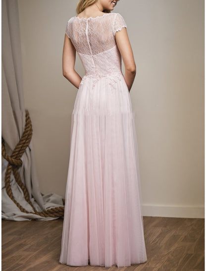 Vestido de dama de honor de corte A, escote en V, manga corta, elegante, largo hasta el suelo, de tul con encaje y fruncido.