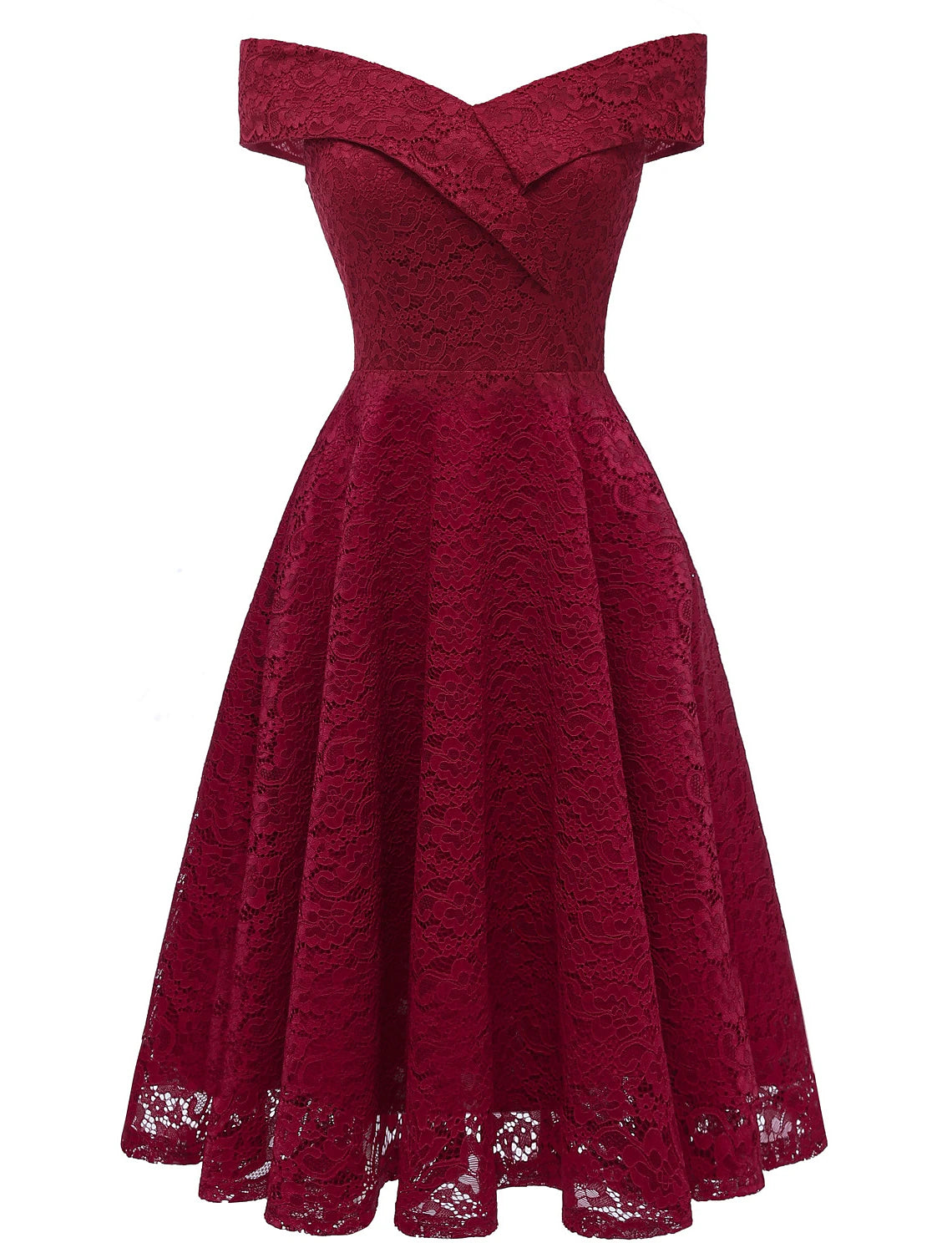 A-Line WE Party Dress Holiday Knee Length Short Sleeve Off Shoulder Lace with Pleats Lace Insert
