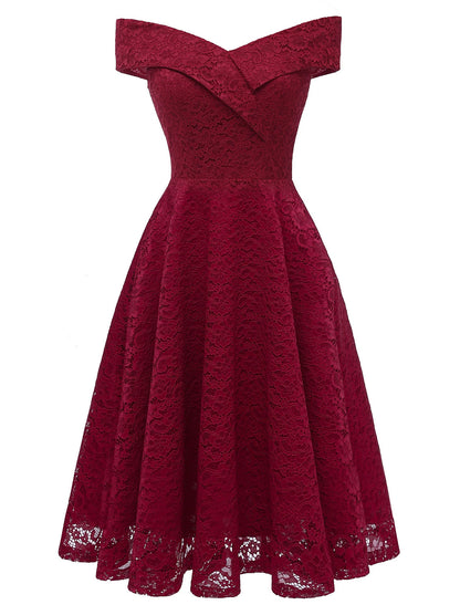 A-Line WE Party Dress Holiday Knee Length Short Sleeve Off Shoulder Lace with Pleats Lace Insert