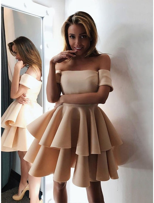 A-Line Cocktail Dresses Minimalist Dress Graduation Knee Length Short Sleeve Off Shoulder Pink Dress Satin with Tiered