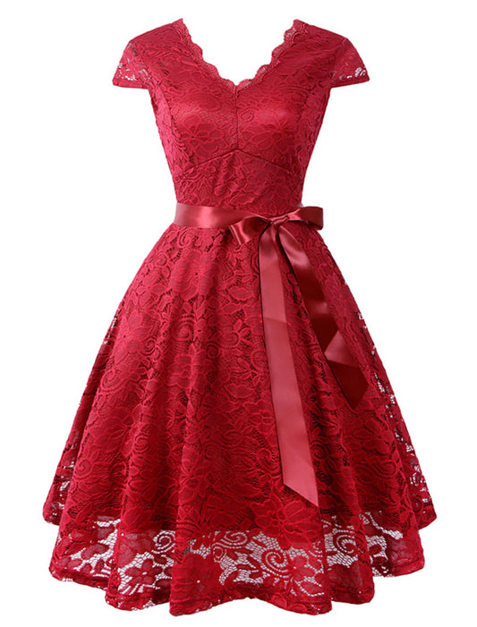 A-Line Cocktail Dresses Vintage Dress Wedding Guest Graduation Knee Length Short Sleeve V Neck Lace V Back with Sash / Ribbon Pleats