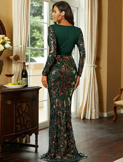 Vestido de noche de sirena/trompeta con brillo y destellos, vestido formal para invitados de boda, largo hasta el suelo, manga larga, cuello en V, poliéster con lentejuelas