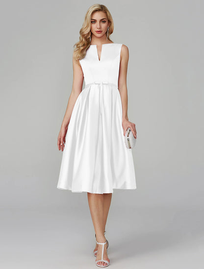 A-Line Party Dress Wedding Guest Knee Length Sleeveless V Wire Pink Dress Satin with Sash / Ribbon