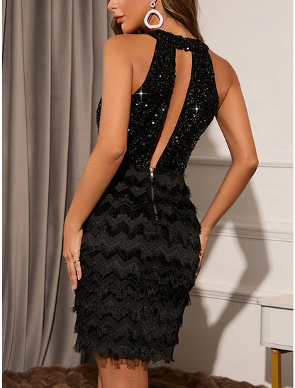 Women‘s Little Black Dress Sexy Dress Black Sequin Dress Party Dress Fringe Dress Homecoming Dress Mini Dress Sleeveless Spring Fall Halter Neck Fashion Birthday Evening Party