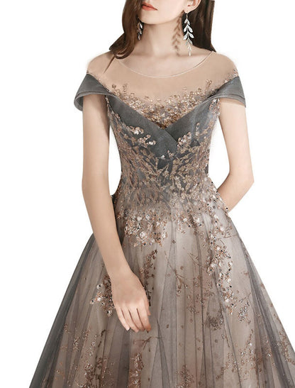 Vestido de dama de honor de corte A, escote joya, manga corta, hermosa espalda, largo hasta el suelo, tul con cristales/banda