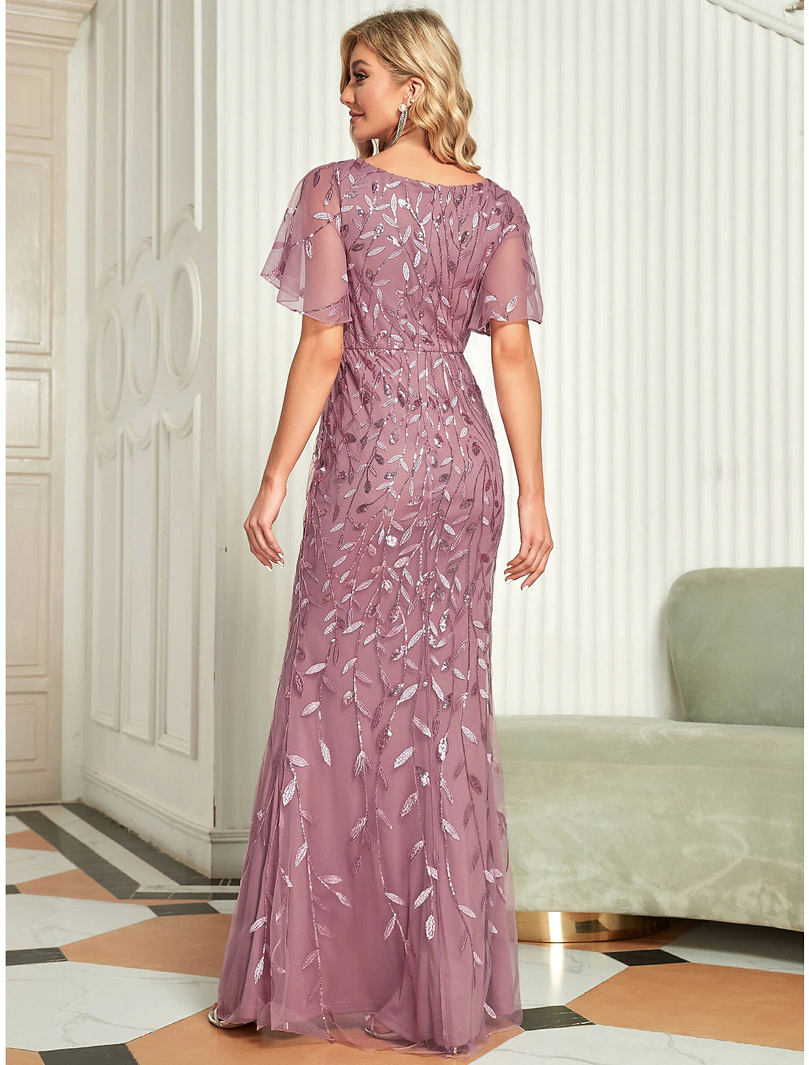 Vestido de noche de sirena/trompeta con brillo, vestido formal de cóctel, fiesta, largo hasta el suelo, manga corta, cuello en V, para invitados de boda de otoño, tul con lentejuelas