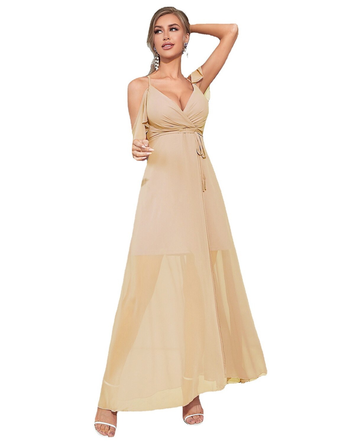 A-Line Wedding Guest Dresses Elegant Dress Party Wear Ankle Length Sleeveless V Neck Chiffon with Ruffles Slit Strappy