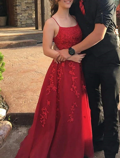 A-Line Prom Dresses Floral Dress Formal Wedding Guest Chapel Train Sleeveless Spaghetti Strap Tulle with Appliques