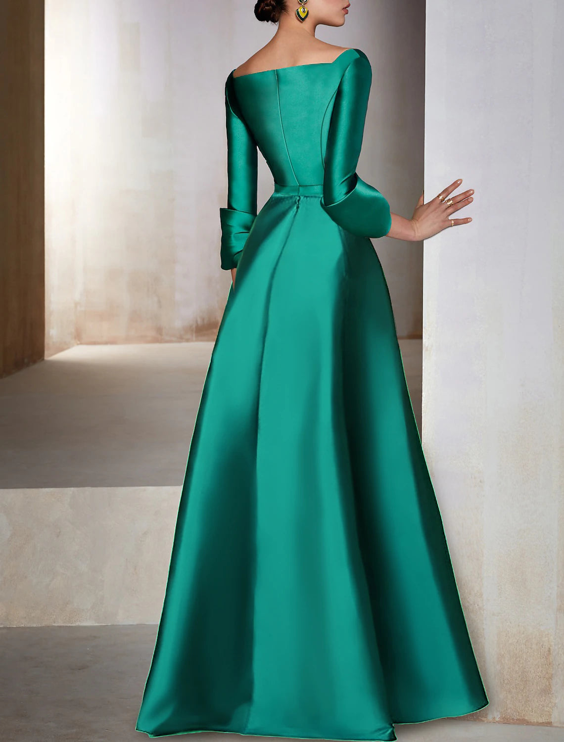 Vestido de noche elegante de corte A, vestido navideño rojo y verde, vestido formal para invitada de boda, largo hasta el suelo, manga 3/4, escote en V, satén con lazo(s).