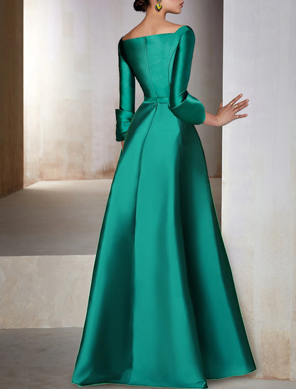 Vestido de noche elegante de corte A, vestido navideño rojo y verde, vestido formal para invitada de boda, largo hasta el suelo, manga 3/4, escote en V, satén con lazo(s).