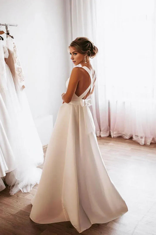 Amzcw simple White A-line satin long prom dress backless bridesmaid dress formal wear dresses