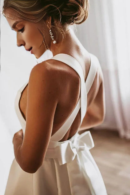 Amzcw simple White A-line satin long prom dress backless bridesmaid dress formal wear dresses