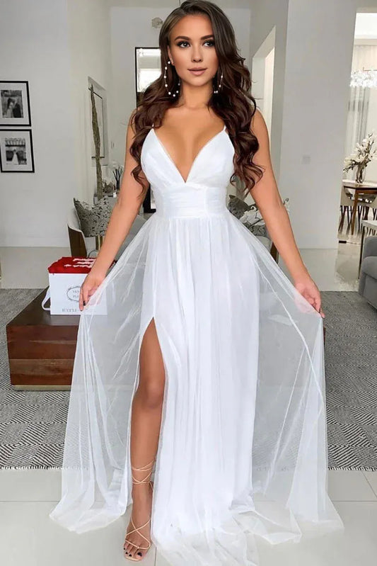 Amzcw simple White v neck tulle long prom dress white evening dress formal wear dresses