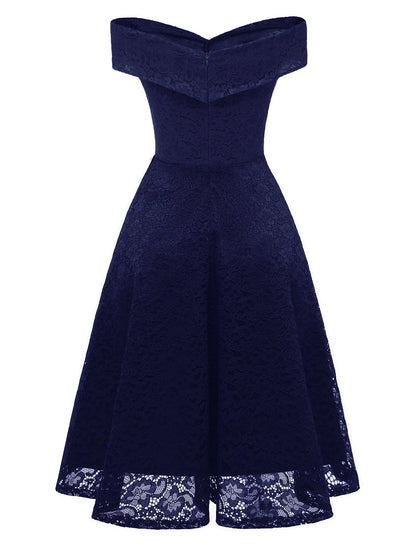 A-Line WE Party Dress Holiday Knee Length Short Sleeve Off Shoulder Lace with Pleats Lace Insert