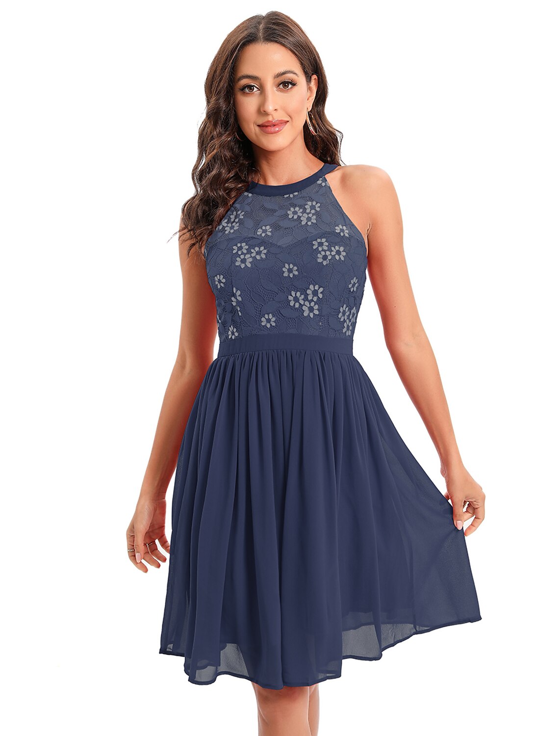 A-Line Cocktail Dresses Vintage Dress Party Wear Knee Length Sleeveless Jewel Neck Cotton Blend with Lace Insert Pattern / Print Splicing