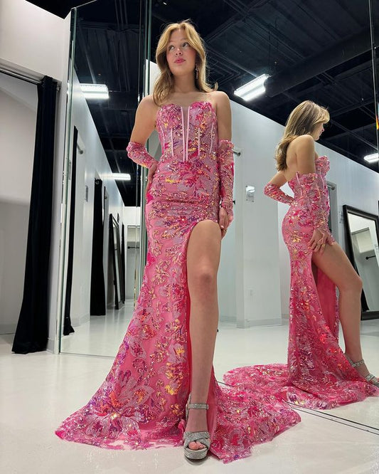 Vestidos de fiesta elegantes, largos, sencillos, con apliques y abertura frontal en color rosa sin tirantes 