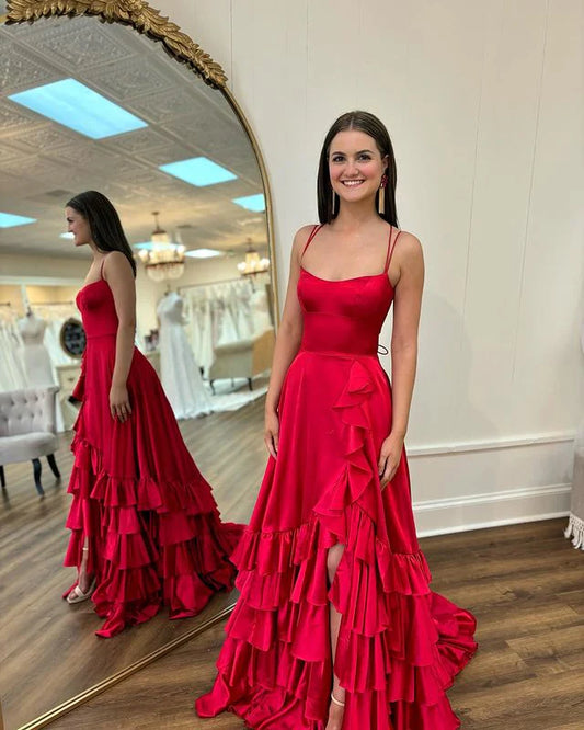 Vestidos de fiesta sexys con aberturas laterales, tirantes finos y volantes 