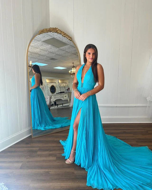 Vestido largo de noche de graduación sin espalda con cuello halter, cuentas de gasa y diamantes de imitación