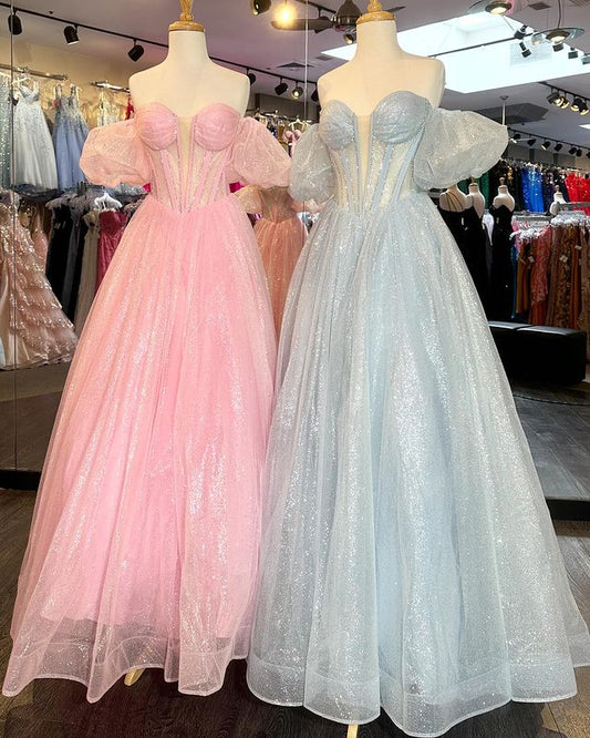 Vestidos de fiesta de organza con escote en A y cuentas en forma de corazón y hombros descubiertos