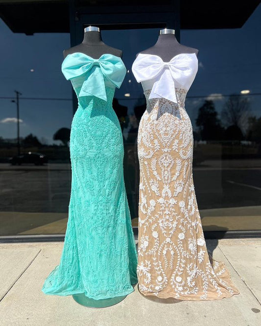 Vestidos de fiesta de sirena sexys sin tirantes de encaje sin mangas, vestidos de noche largos populares 