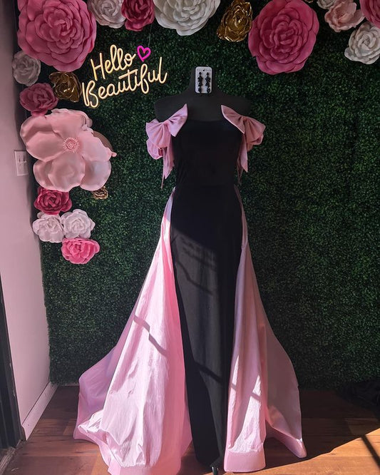 Vestidos de fiesta largos con cola, hombros descubiertos y lazo 