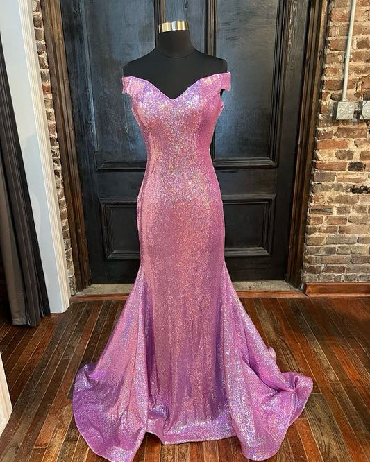 Vestidos de fiesta elegantes de sirena con lentejuelas y hombros descubiertos de satén con corsé y espalda abierta 