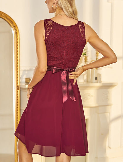 A-Line Cocktail Dresses Minimalist Dress Party Wear Knee Length Sleeveless V Neck Chiffon with Pleats