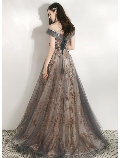 Vestido de dama de honor de corte A, escote joya, manga corta, hermosa espalda, largo hasta el suelo, tul con cristales/banda