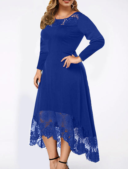 Vestidos de cóctel de corte A, talla grande, para fiesta, para invitados de boda, largo hasta el tobillo, manga larga, cuello joya, licra, con inserción de encaje, color puro