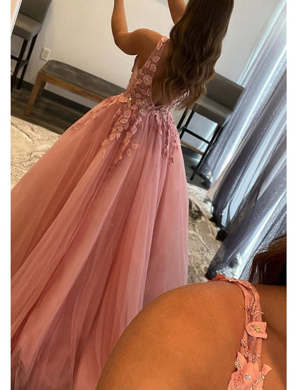 Vestidos de fiesta de corte A con espalda abierta, vestido formal para invitados de boda, largo hasta el suelo, sin mangas, cuello en V, tul, espalda descubierta, con pliegues y apliques de cuentas.