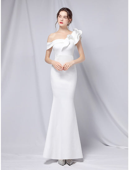 Vestido de fiesta de sirena, vestido de noche, vestido estilo imperio, para invitada de boda, formal, de noche, largo hasta el suelo, manga corta, un hombro, satén elástico con volantes