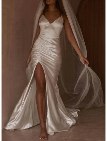 Vestidos de novia casuales de salón, corte sirena/trompeta, tirantes finos, camisola, tirantes finos, cola de corte, vestidos de novia de satén con abertura frontal fruncida
