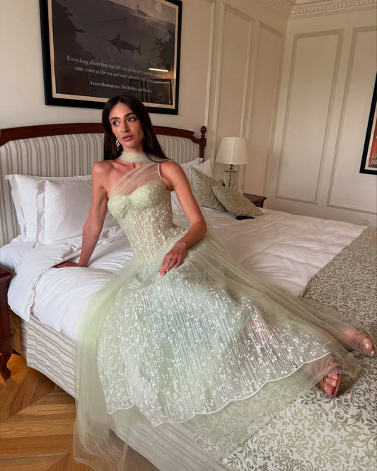 Mint Green Tulle Maxi Prom Dresses with One Shoulder Neck Sheer Corset Bodice Ruffled A Line Skirt for Prom and Garden Wedding