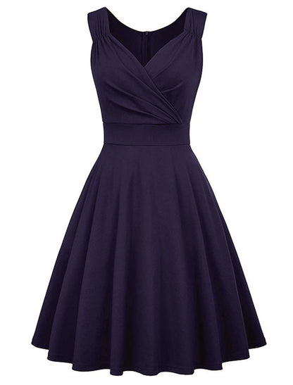 A-Line Minimalist Elegant Party Wear Cocktail Party Dress V Neck Sleeveless Tea Length Spandex with Pleats