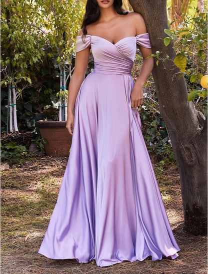 Vestido de dama de honor de corte A, sin mangas, con hombros descubiertos, rosa, largo hasta el suelo, de gasa con abertura frontal y fruncido