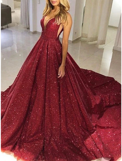 Vestidos de fiesta de corte A, elegantes, formales, con cola de corte, navideños, rojos y verdes, sin mangas, escote en V, con lentejuelas y pliegues brillantes.