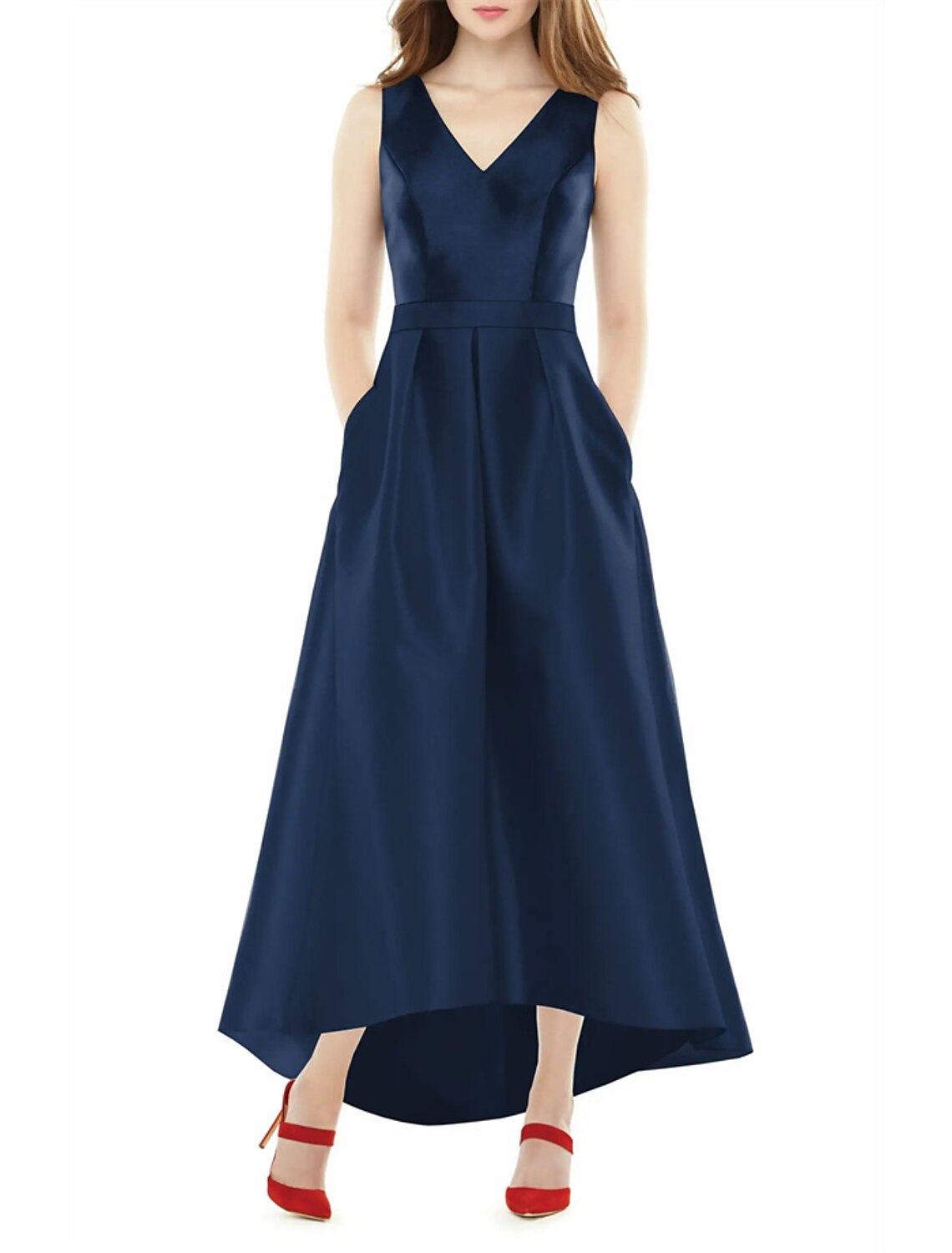 Vestidos de novia de corte A, elegantes, para fiesta de bodas, semi formales, asimétricos, sin mangas, cuello en V, bolsillos, satén con flecos