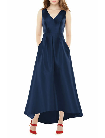 Vestidos de novia de corte A, elegantes, para fiesta de bodas, semi formales, asimétricos, sin mangas, cuello en V, bolsillos, satén con flecos