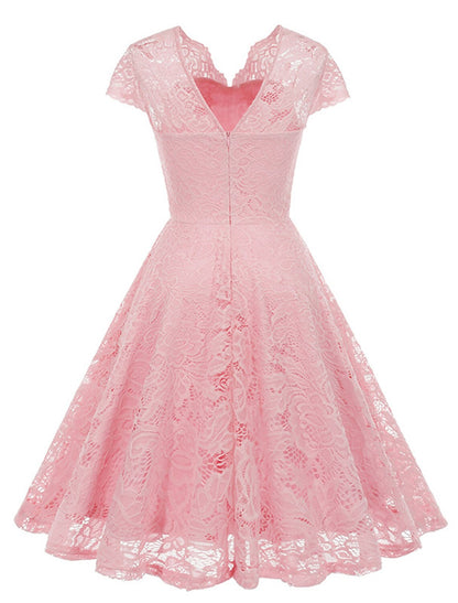 Women's Vintage Dress Party Dress Lace Dress Mini Dress Light Yellow Black Pink Short Sleeve Pure Color Lace Spring Fall Winter V Neck Vintage Christmas Wedding Guest Birthday