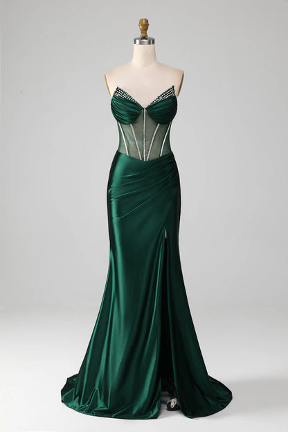 Amzcw Dark Green Mermaid Strapless Corset Pleated Long Prom Dress With Slit prom clothing