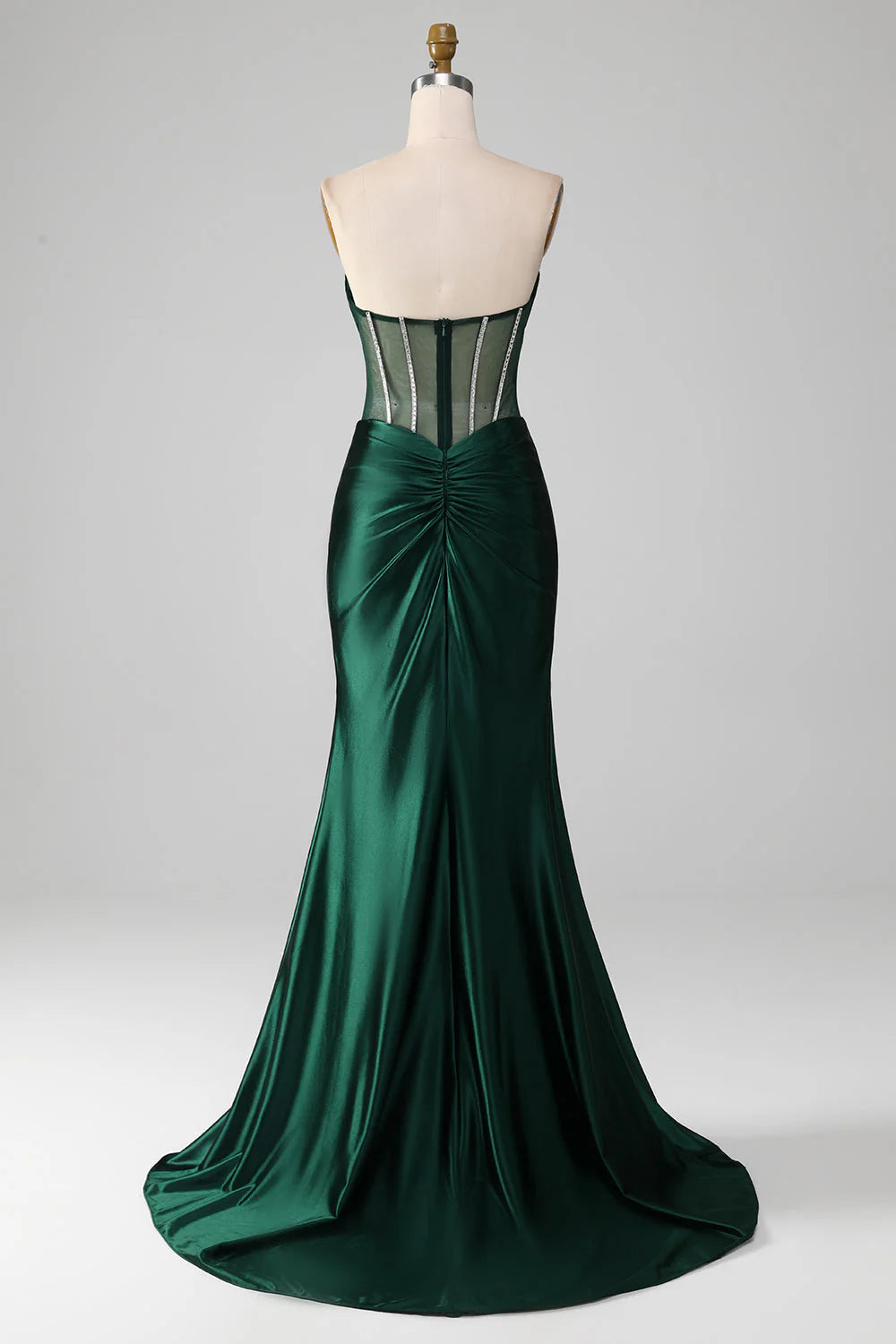 Amzcw Dark Green Mermaid Strapless Corset Pleated Long Prom Dress With Slit prom clothing