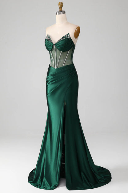 Amzcw Dark Green Mermaid Strapless Corset Pleated Long Prom Dress With Slit prom clothing