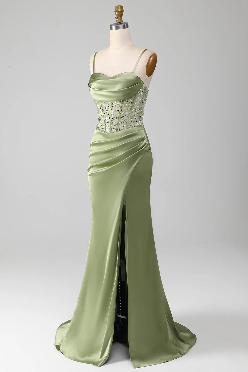 Amzcw Sage Green Mermaid Sparkly Sequin Pleated Corset Satin Prom Dress