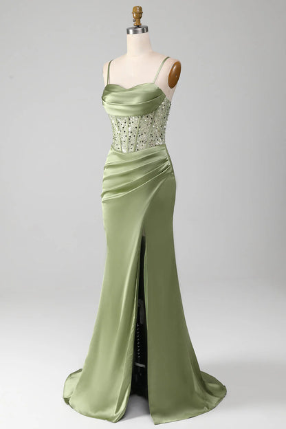 Amzcw Sage Green Mermaid Sparkly Sequin Pleated Corset Satin Prom Dress