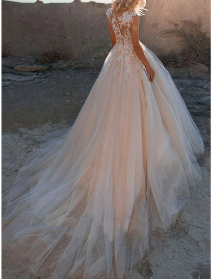 Vestidos de novia formales, vestido de baile, cuello ilusión, manga corta, cola de corte, vestidos de novia de encaje con botones y apliques