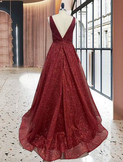 Vestido de fiesta negro con purpurina, vestido lujoso de tul brillante para fiesta de bodas, quinceañera, cola larga/cepillo, sin mangas, escote en V, tul, espalda en V con lentejuelas