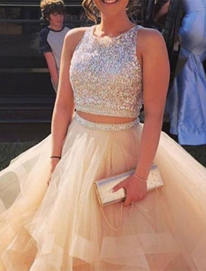 Suknie balowe dwuczęściowe, lśniąca sukienka, gość weselny, przyjęcie weselne, długość do podłogi, bez rękawów, dekolt biżuteryjny, tiul z falbankami z cekinów