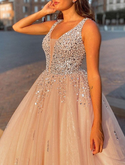 Vestido de noche con brillo y pedrería, para quinceañeras, largo hasta el suelo, sin mangas, escote en V, satén con cristales y lentejuelas.