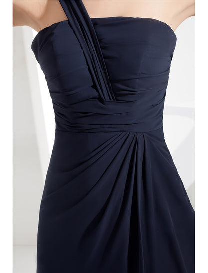 Vestido de noche de corte tubo/columna, minimalista, para invitada de boda, largo hasta el suelo, sin mangas, un hombro, de gasa con fruncido.